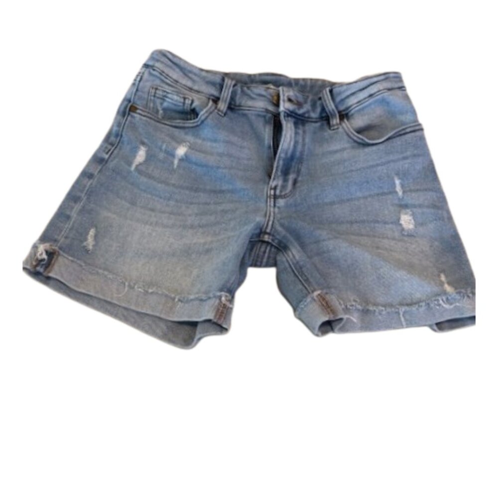 Dip mid-rise distressed light blue denim shorts.